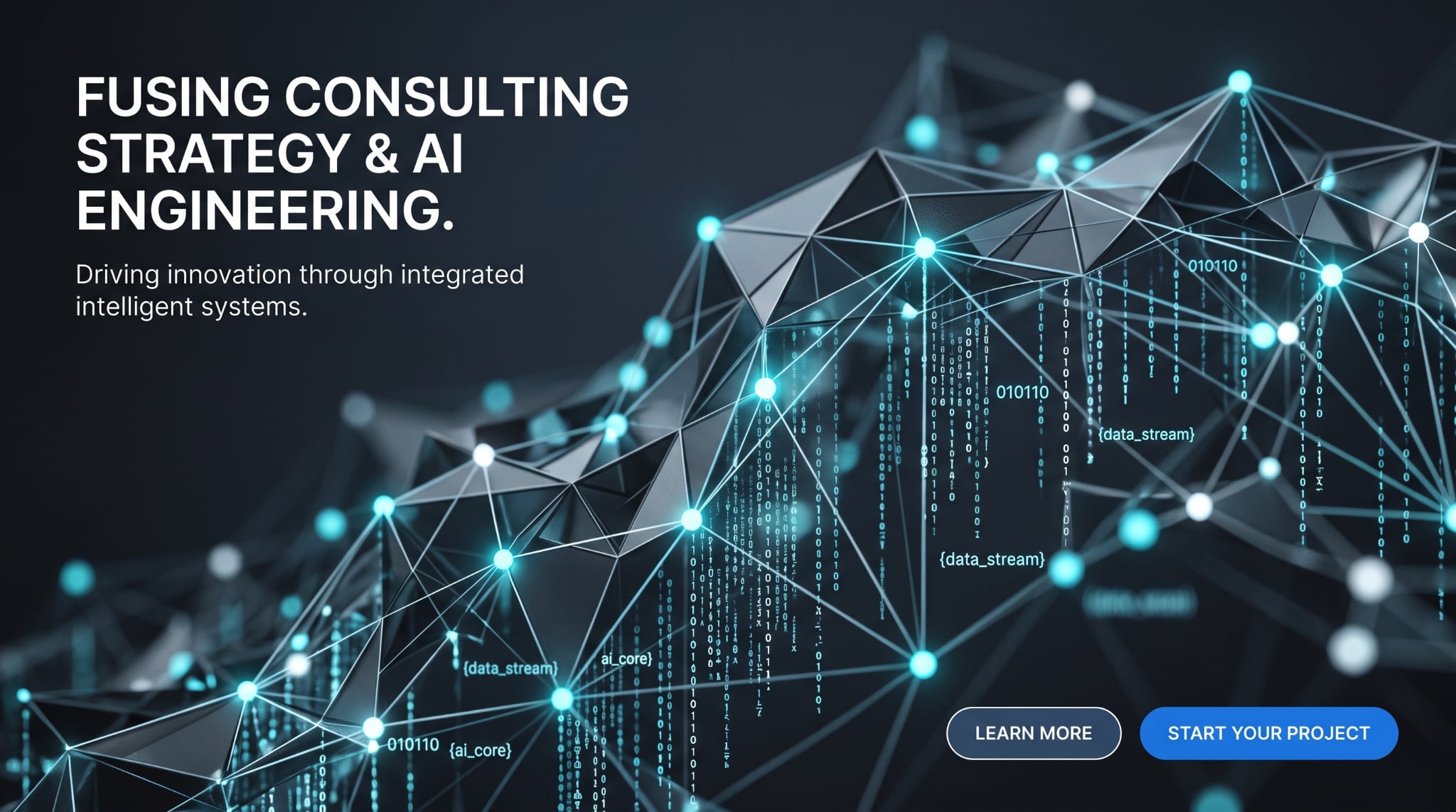 Futuristic network visualization representing the fusion of consulting strategy and AI engineering